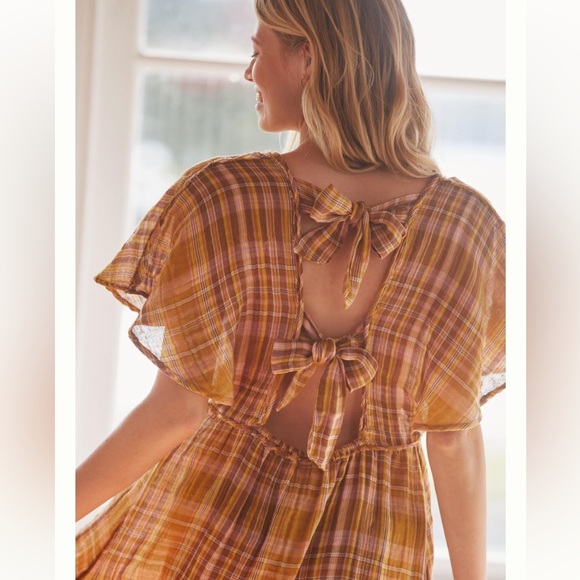 NWT Anthropologie Mixed Gauze Plaid Mini Dress - Gold/Orange - size XXS - Picture 2 of 6